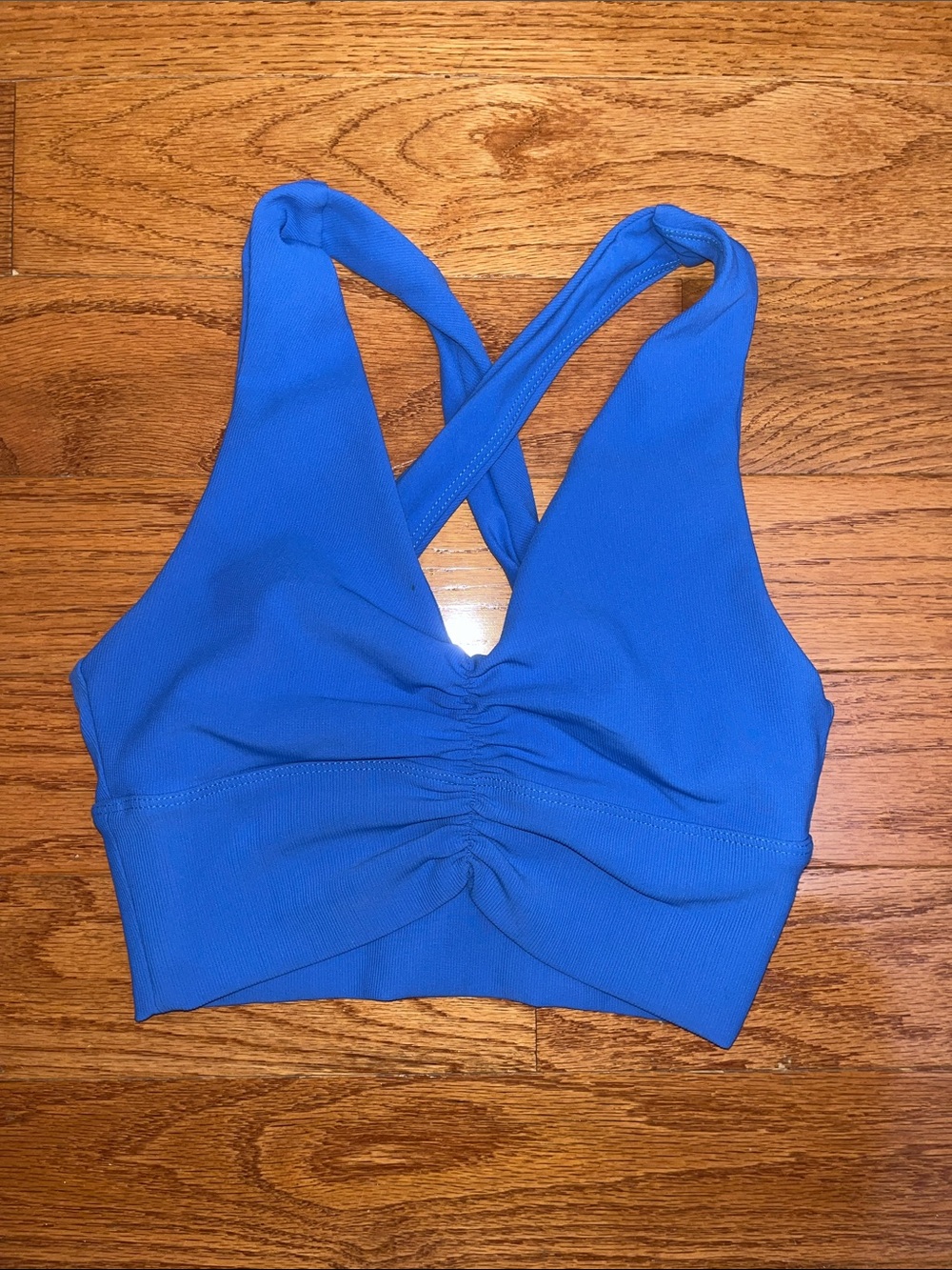 Take Life Further Blue Ruched Front Cross-Back Sports Bra — Size S